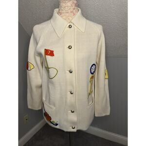 EUC Golf Themed Vintage Sweater Sz Large Caddy Club Flag Gold Buttons READ